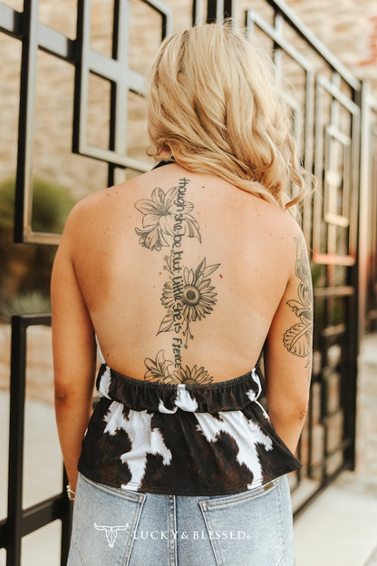 Black Cow Printed Front Tie Halter Sleeveless Top