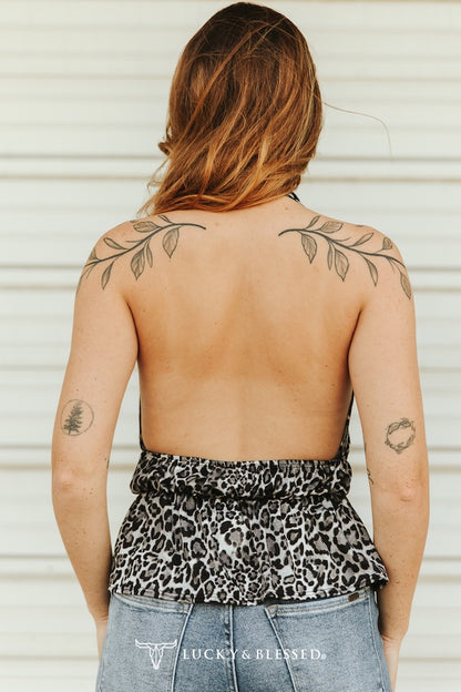 Brown Leopard Printed Front Tie Halter Sleeveless Top