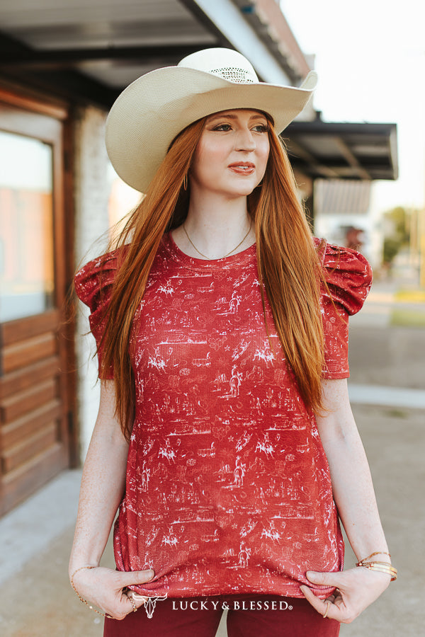 Red Western Ranch Printed Puff Sleeve Top