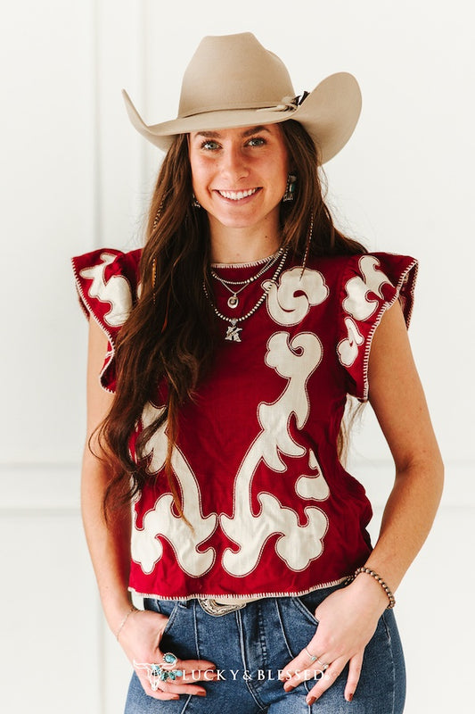 Deep Red Ivory Patch Contrast Stitching Ruffle Sleeve Blouse