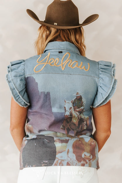 Light Wash Tencel Concho Snap Button Ruffle Sleeve Western Back Printed Top