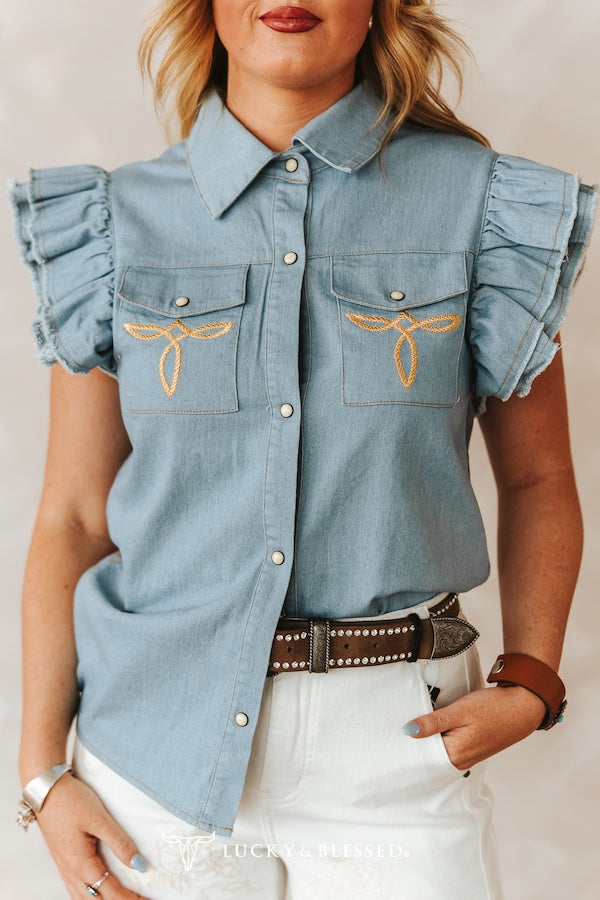 Light Wash Tencel Concho Snap Button Ruffle Sleeve Western Back Printed Top