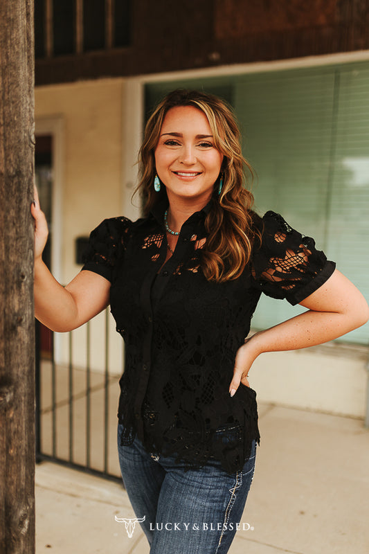 Black Floral Crochet Button Down Crochet Puff Short Sleeve Top