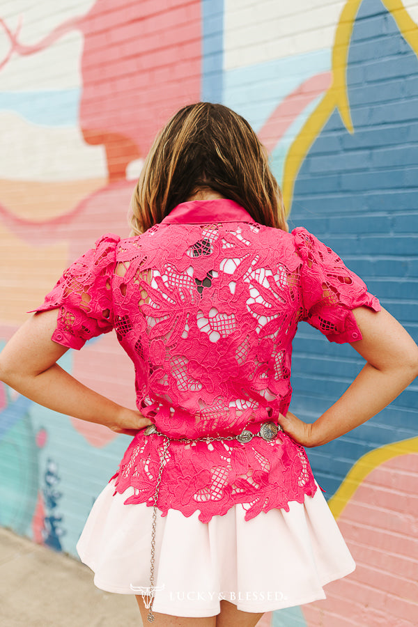 Hot Pink Floral Crochet Button Down Crochet Puff Short Sleeve Top