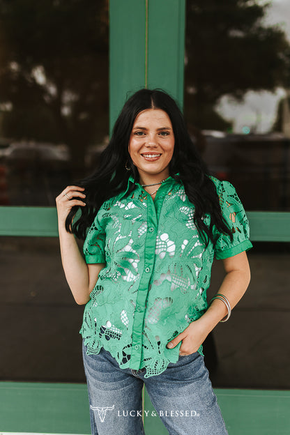 Jade Floral Crochet Button Down Crochet Puff Short Sleeve Top