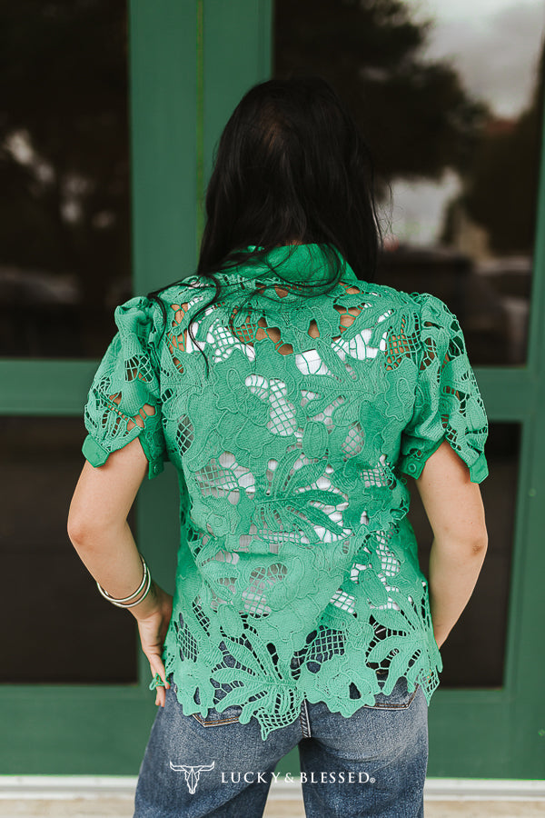 Jade Floral Crochet Button Down Crochet Puff Short Sleeve Top