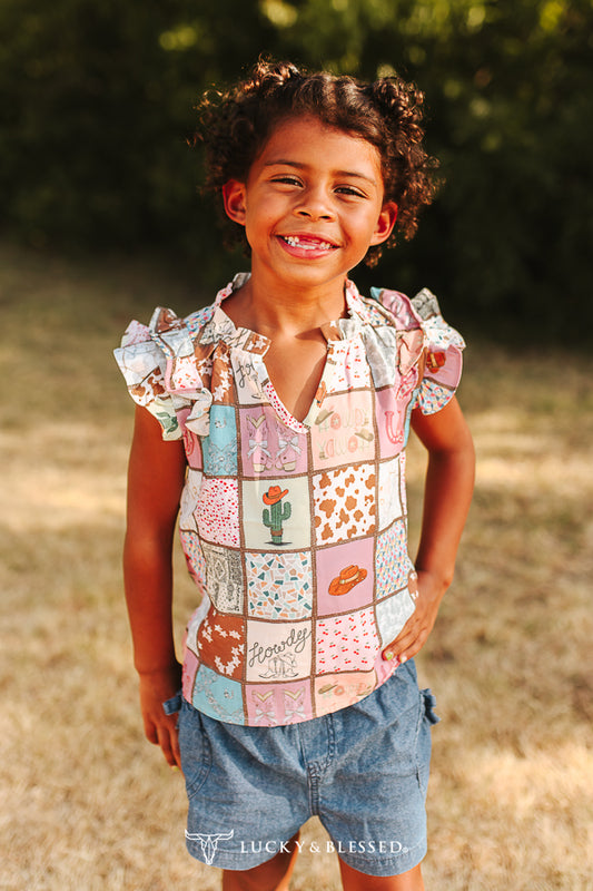 Girls Western Patchwork Ruffle Sleeve Top