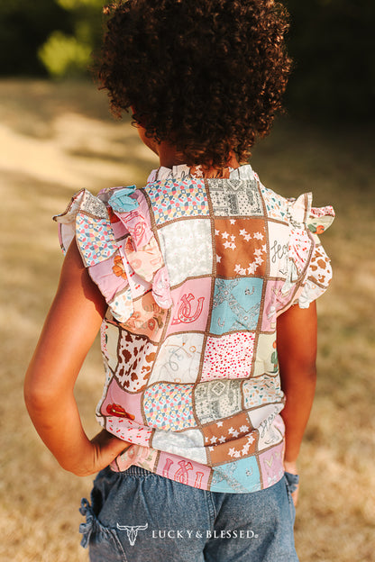 Girls Western Patchwork Ruffle Sleeve Top