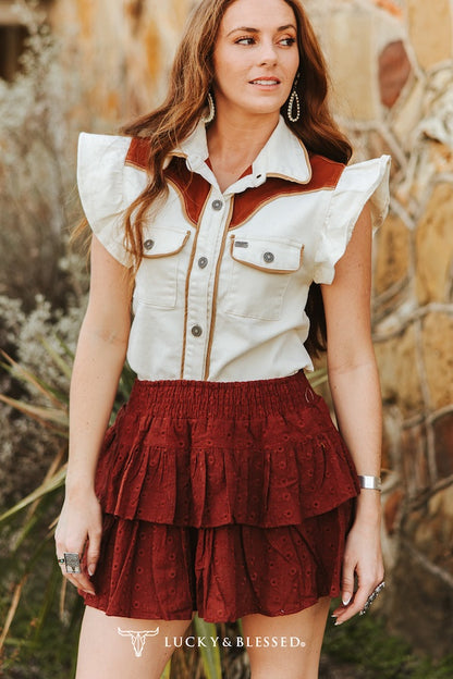 Beige Stretch Denim Camel Wash Western Yoke Ruffle Sleeve Button Down Shirt
