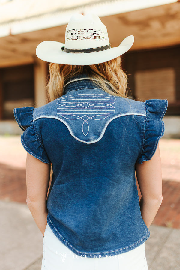 Dark Wash Contrast Piping Ruffle Sleeve Western Denim Top