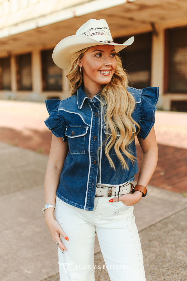 Dark Wash Contrast Piping Ruffle Sleeve Western Denim Top
