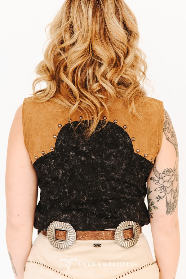 Black Mineral Wash Suede Yoke Vintage Studded Sleeveless Shirt