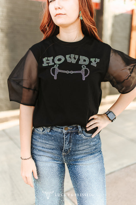 Black Howdy Rhinestone Horse Bit Mesh Puff Sleeve Top