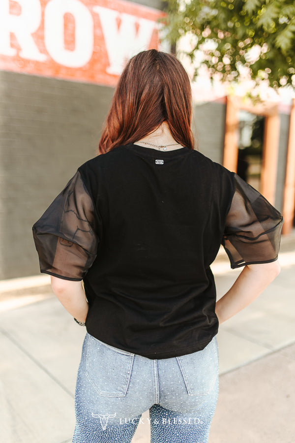 Black Howdy Rhinestone Horse Bit Mesh Puff Sleeve Top