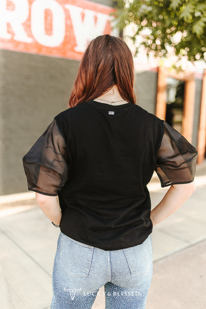 Black Howdy Rhinestone Horse Bit Mesh Puff Sleeve Top