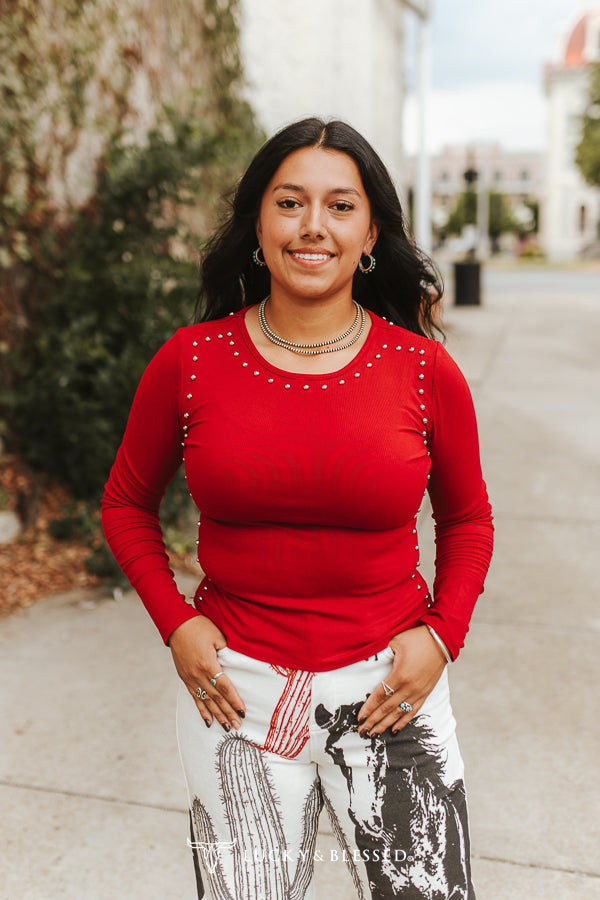 Red Studded Long Sleeve Fitted Top