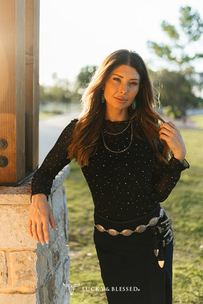 Black Long Sleeve Mesh Rhinestone Detail Top