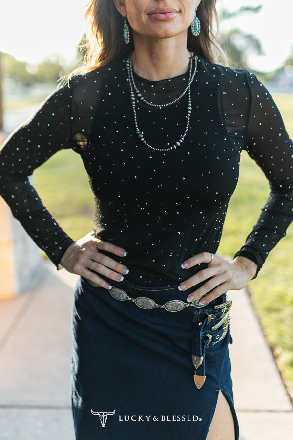 Black Long Sleeve Mesh Rhinestone Detail Top