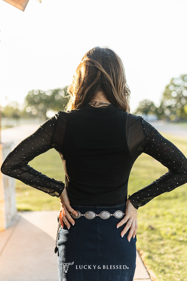 Black Long Sleeve Mesh Rhinestone Detail Top