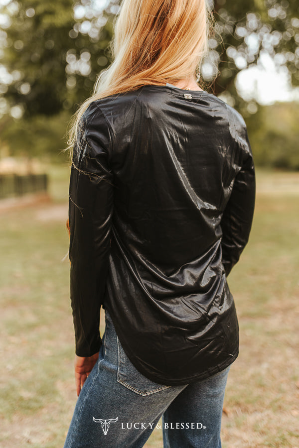 Black Faux Leather Long Sleeve Round Neck Top