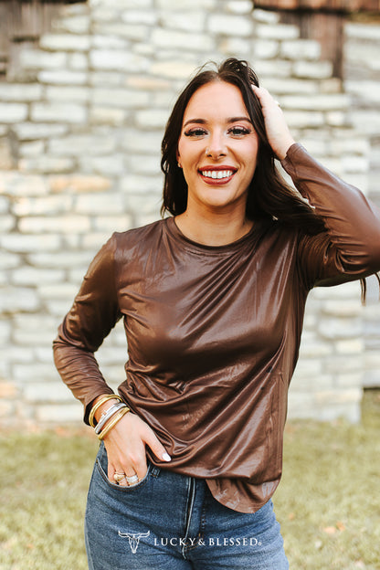 Brown Faux Leather Long Sleeve Round Neck Top