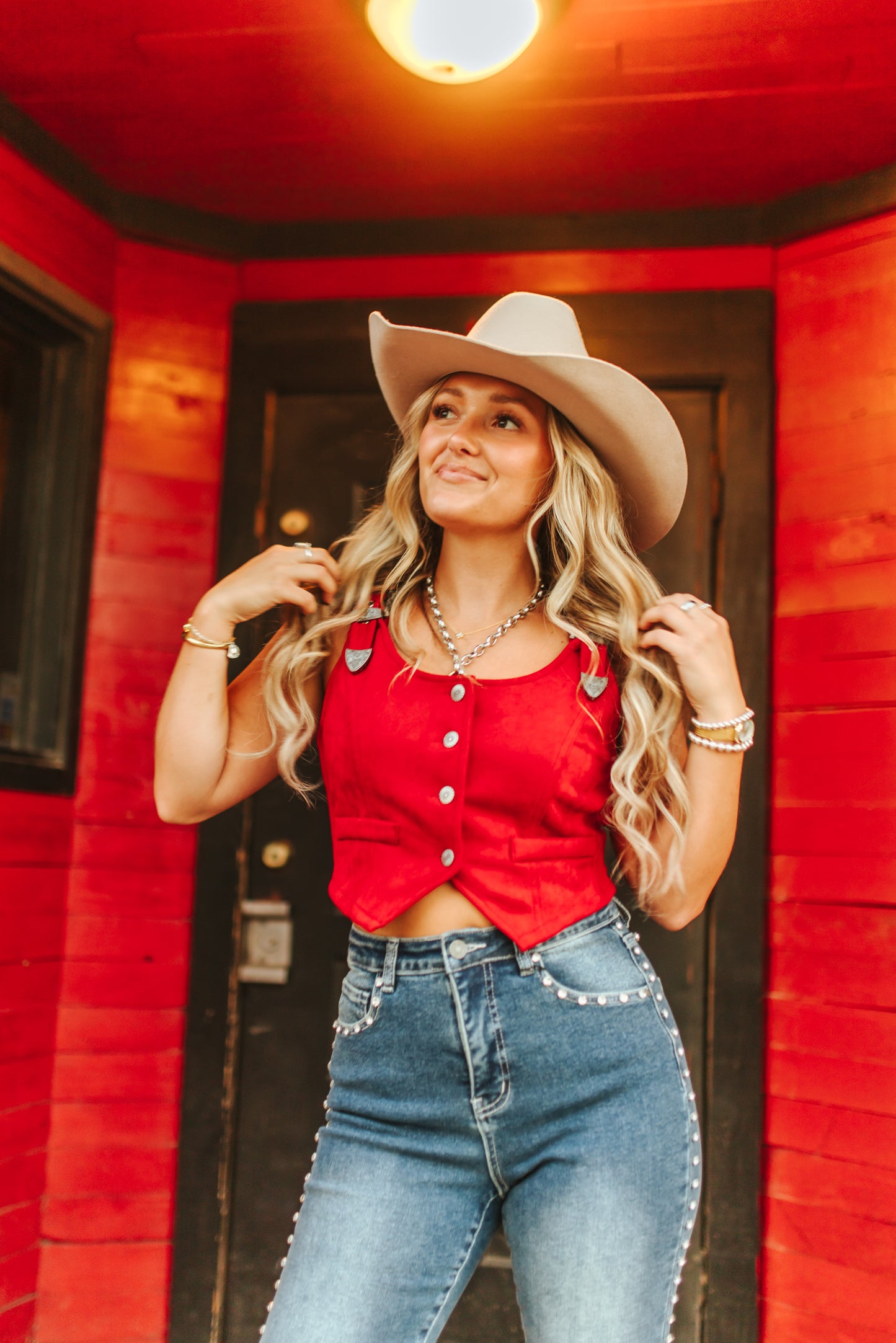 Red Suede Buckle Strap Button Down Vest
