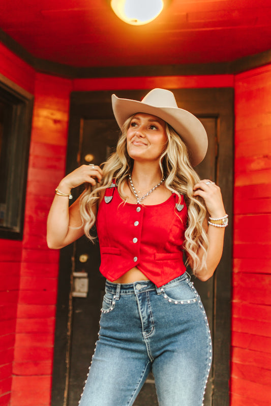 Red Suede Buckle Strap Button Down Vest