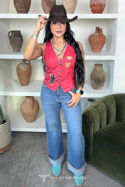 Red Western Printed Multi Patch Concho Button Down Vest