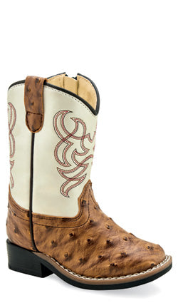 Old West Toddler Brown Ostrich Print Square Toe Boot