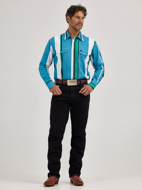 Wrangler Vintage Blue Stripe Brushpopper Long Sleeve Shirt