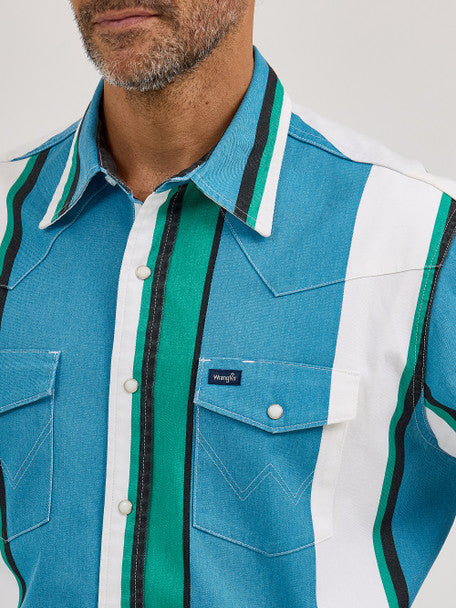 Wrangler Vintage Blue Stripe Brushpopper Long Sleeve Shirt