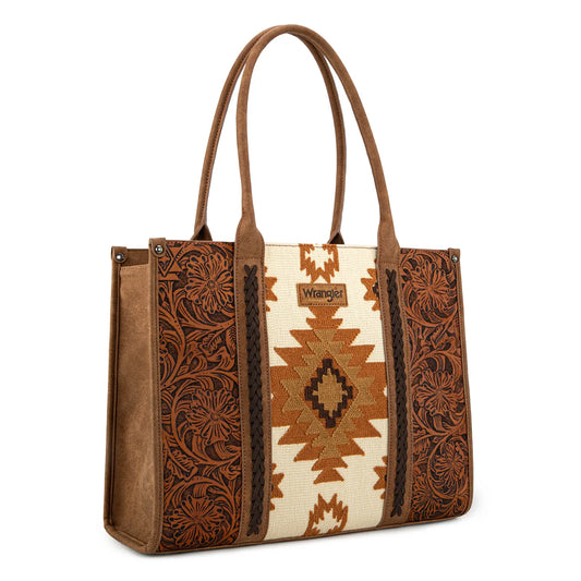 Wrangler Vintage Tooled Brown Aztec Pattern Print Concealed Carry Large Tote