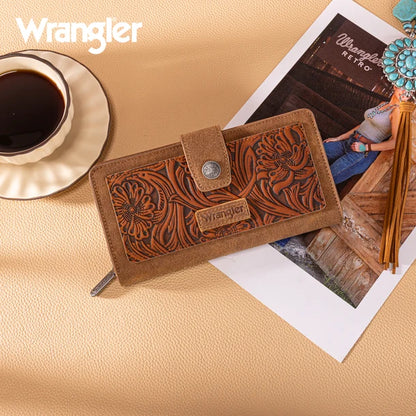 Wrangler Brown Western Floral Tooled RFID Wallet
