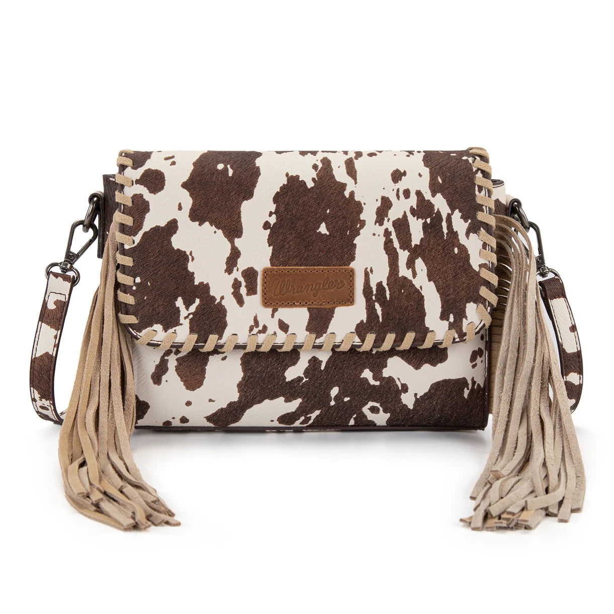 Wrangler Coffee Cow Print Fringe Crossbody Bag
