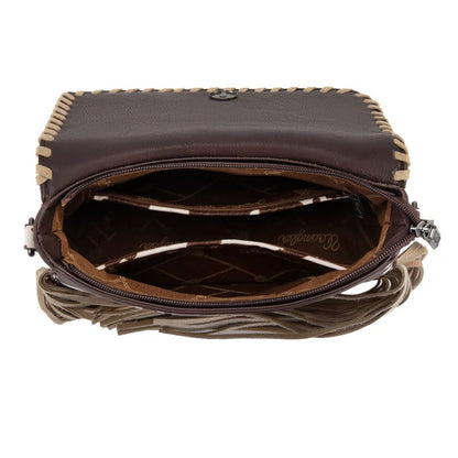 Wrangler Coffee Cow Print Fringe Crossbody Bag