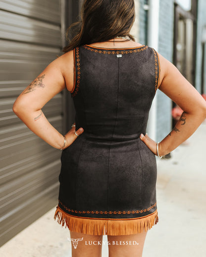 Black Stretch Suede Contrast Embroidered Fringe Hem Dress