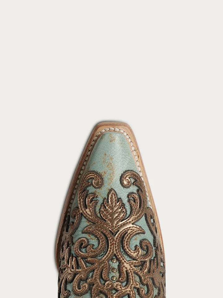 Corral Gold Overlay & Embroidery Turquoise Snip Toe Cowboy Boot
