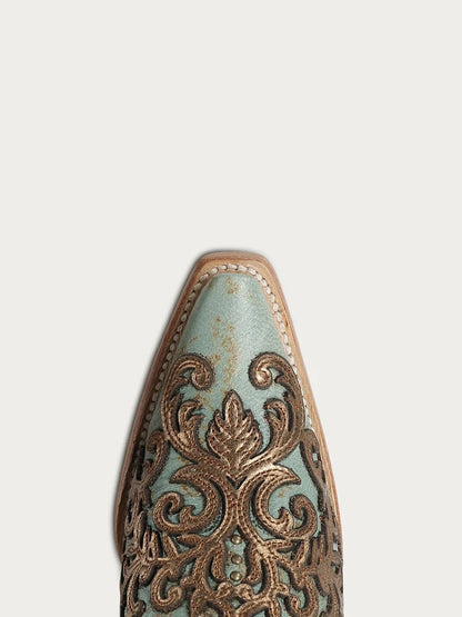 Corral Gold Overlay & Embroidery Turquoise Snip Toe Cowboy Boot