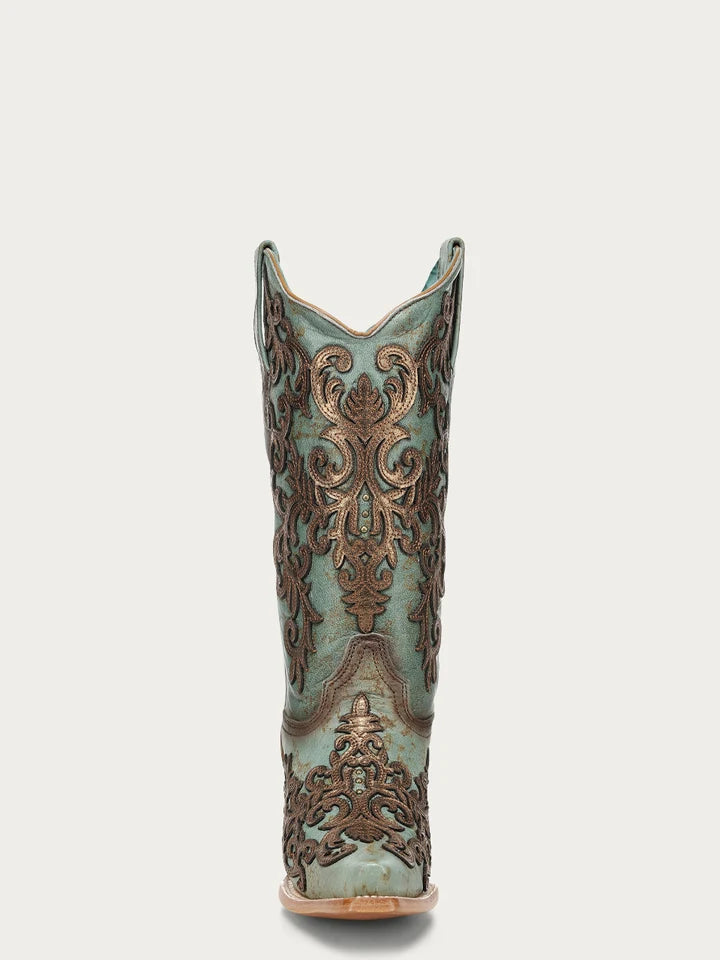 Corral Gold Overlay & Embroidery Turquoise Snip Toe Cowboy Boot