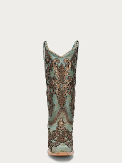 Corral Gold Overlay & Embroidery Turquoise Snip Toe Cowboy Boot