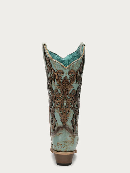 Corral Gold Overlay & Embroidery Turquoise Snip Toe Cowboy Boot