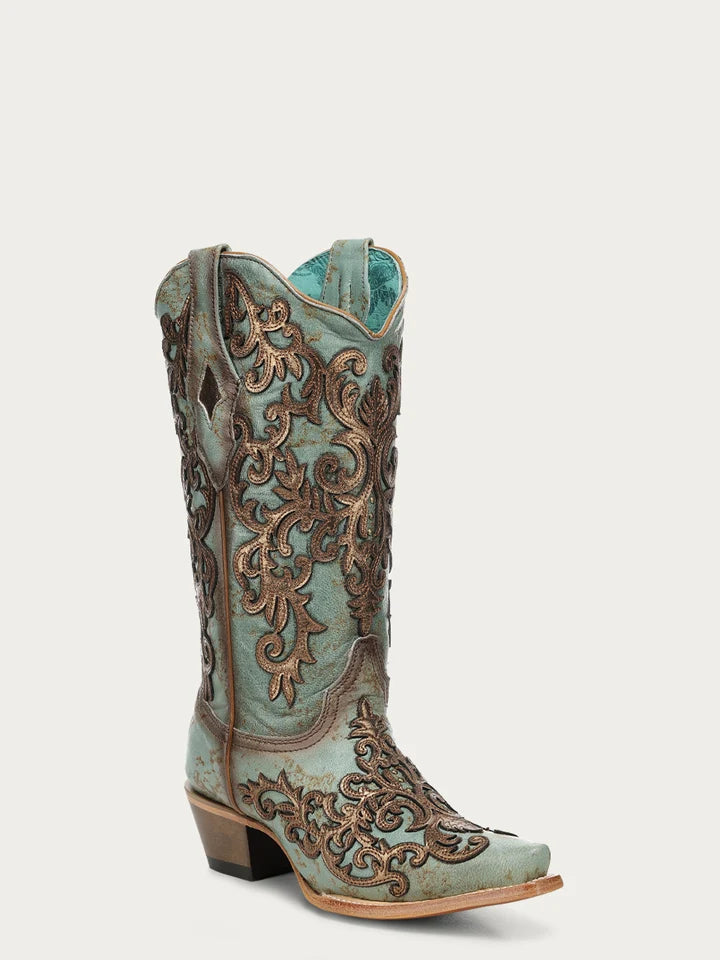 Corral Gold Overlay & Embroidery Turquoise Snip Toe Cowboy Boot