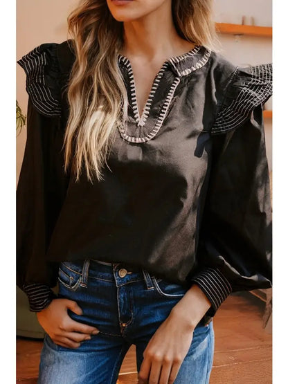 Stitched Detail V Neck Ruffle Long Sleeve Blouse