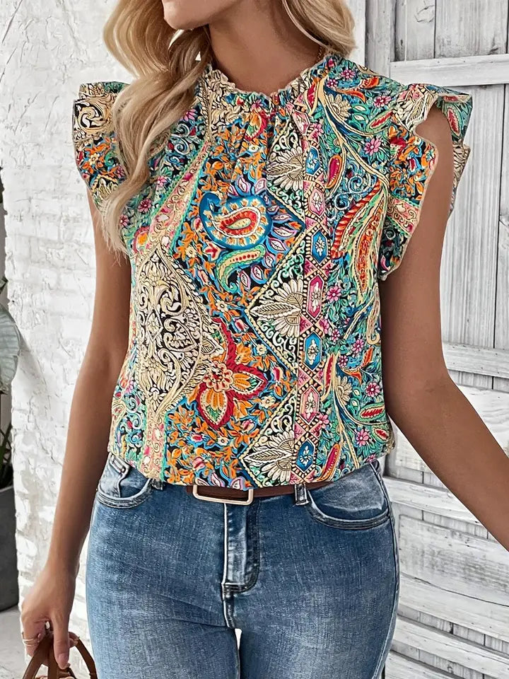 Ethnic Blouse Paisley Ruffle Shirt