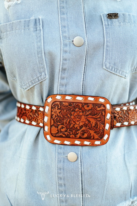 Brown Tooled Genuine Leather Ivory Buckstitch Belt