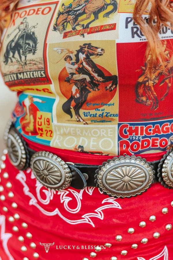 Black Genuine Leather Oval Vintage Silver Concho Belt