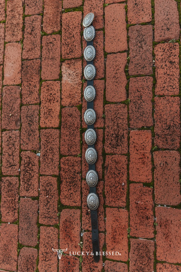 Black Genuine Leather Oval Vintage Silver Concho Belt