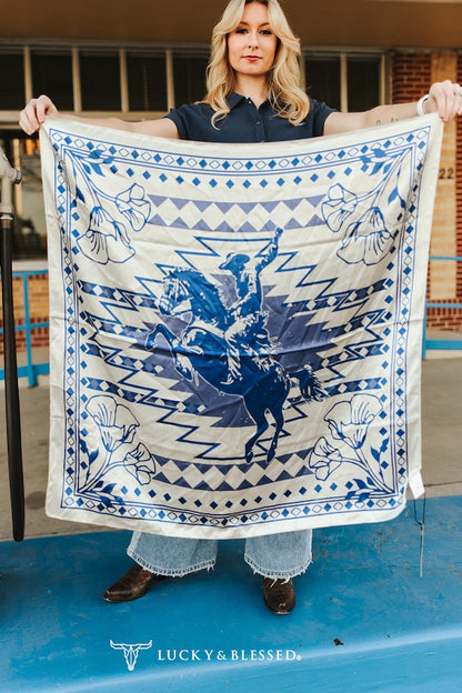 Cream Blue Aztec Printed Wild Rag