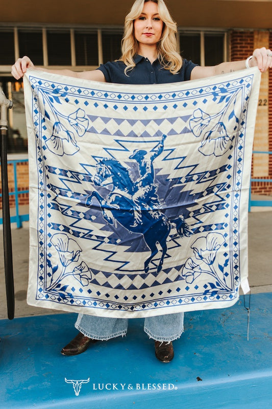 Cream Blue Aztec Printed Wild Rag