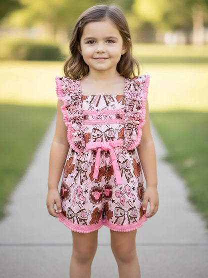 Coquette Western Bow Printed Pink & Brown Girls Romper